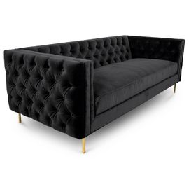 comprar O botão preto da tela de veludo adornou o sofá de 3 assentos com pé de bronze dourado para o casamento, sofá alugado do metal 4 da sala de visitas Fabricação em linha