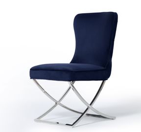 comprar Os pés de aço inoxidável do metal da cruz de X abotoam-se adornado jantando a cadeira escuro - tela azul de veludo Fabricação em linha