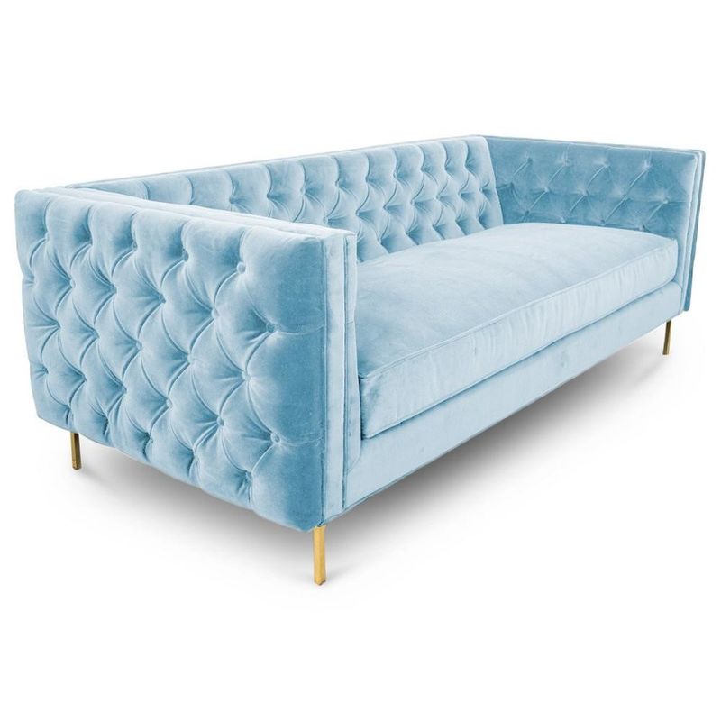 Blue Velvet Fabric Sofas And Chairs , Contemporary Fabric Sofa Golden Metal Base