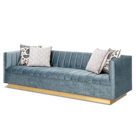 Bom preço Tela moderna Sofa Stainless Steel Golden Brushed Manhattan Sofa With Wide Channel Tufting de Blue Velvet da sala de visitas com on-line