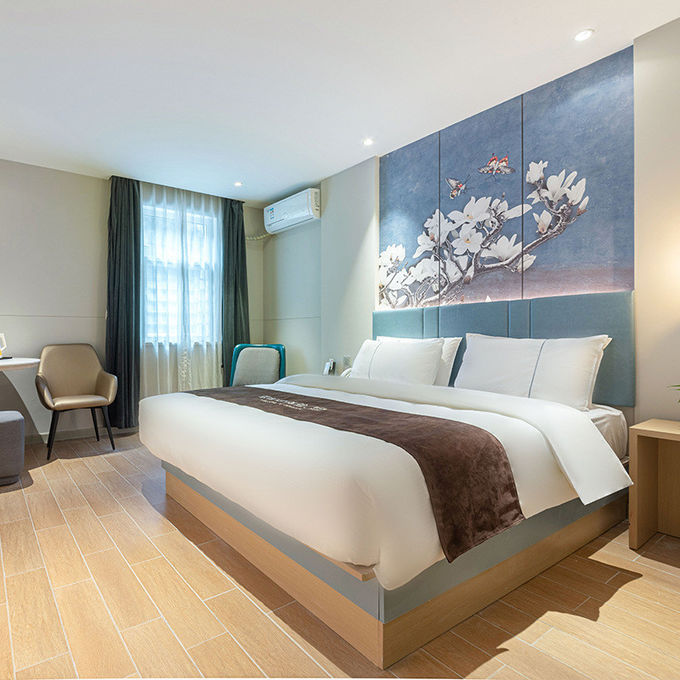 Mobília do quarto do hotel de luxo da cama gêmea com revestimento amarelo escuro da madeira maciça 0